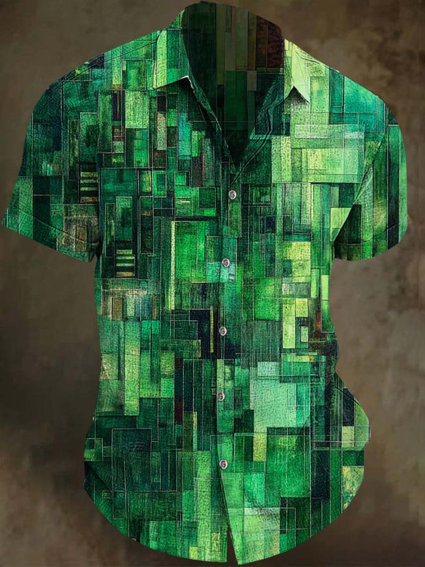 Irregular Square Print Casual Short Sleeve Shirt