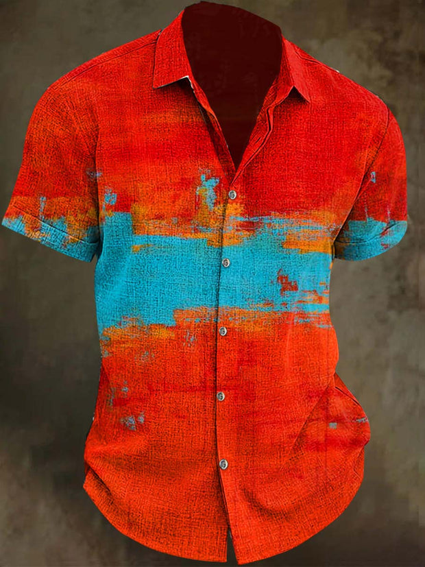 Abstract Color Block Art Print Casual Short Sleeve Shirt