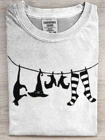 Halloween Witch Cat Print Casual Short Sleeve T-Shirt