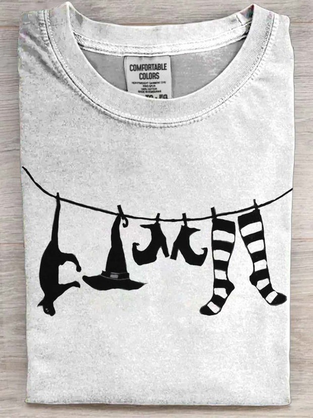 Halloween Witch Cat Print Casual Short Sleeve T-Shirt