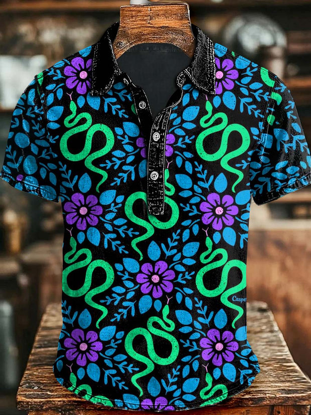 Halloween Floral Snake Print Casual Short Sleeve Polo Shirt