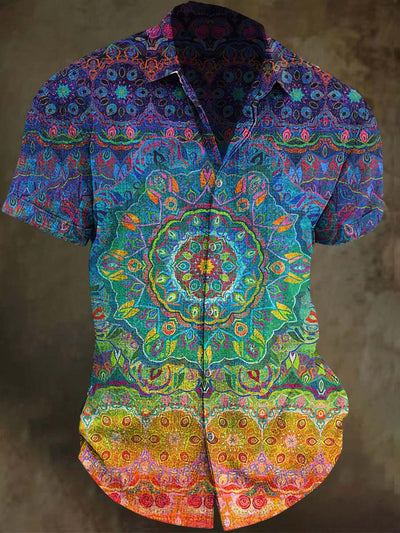 Colorful Gradient Mandala Floral Print Casual Short Sleeve Shirt
