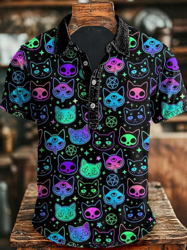 Halloween Skull Cat Print Casual Short Sleeve Polo Shirt