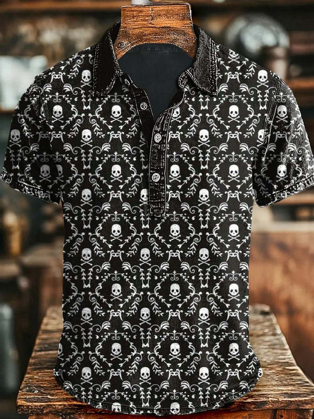 Halloween Skull Print Casual Short Sleeve Polo Shirt