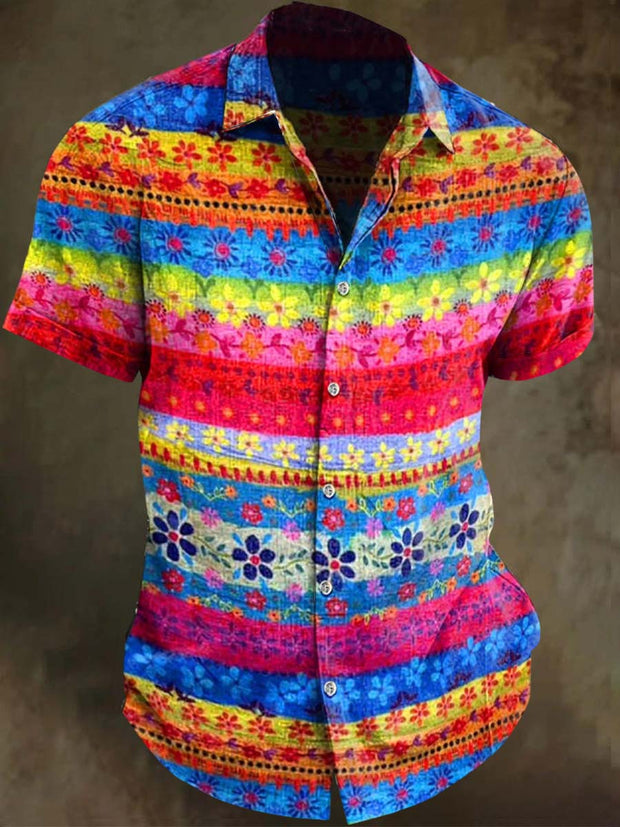 Colorful Retro Floral Print Casual Short Sleeve Shirt