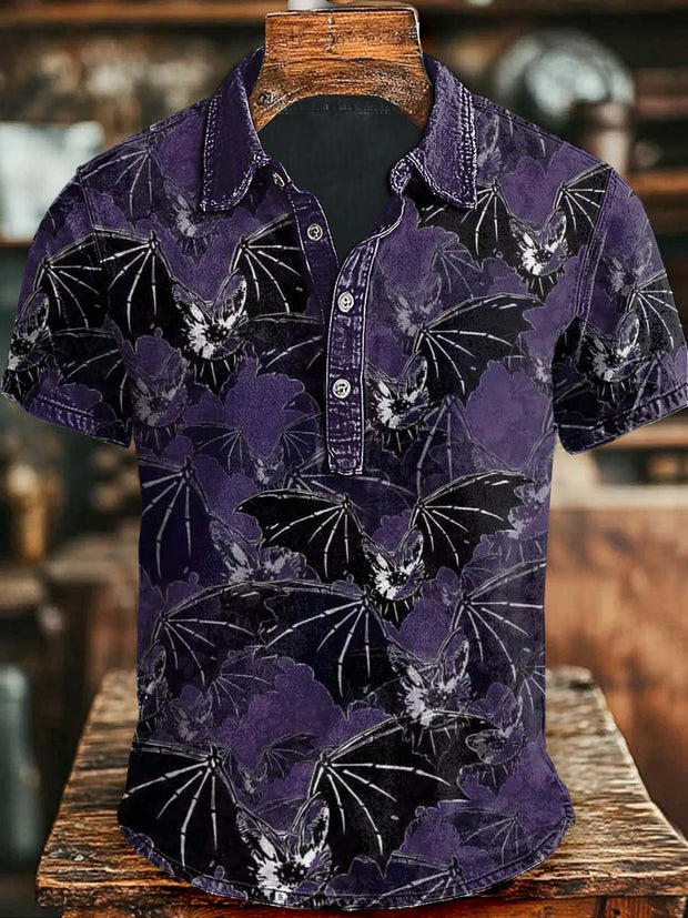 Halloween Bat Print Casual Short Sleeve Polo Shirt