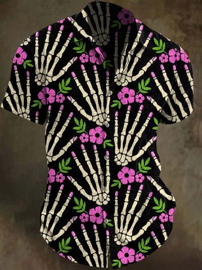 Halloween Skull Floral Print Casual Short Sleeve Shirt