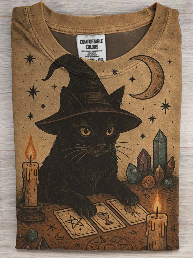 Halloween Wizard Cat Print Casual Short Sleeve T-Shirt