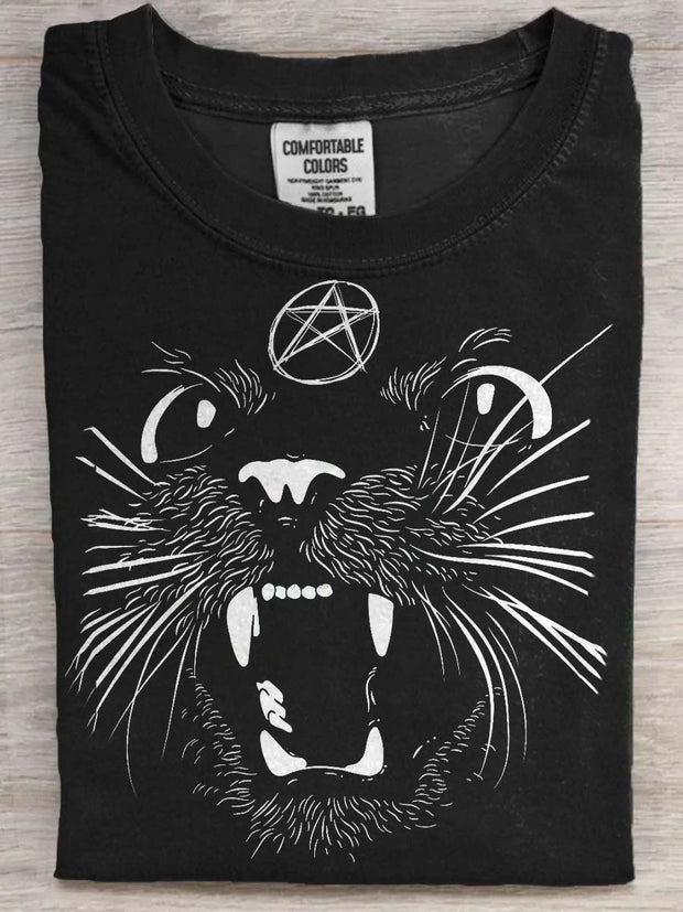 Halloween Cat Print Casual Short Sleeve T-Shirt