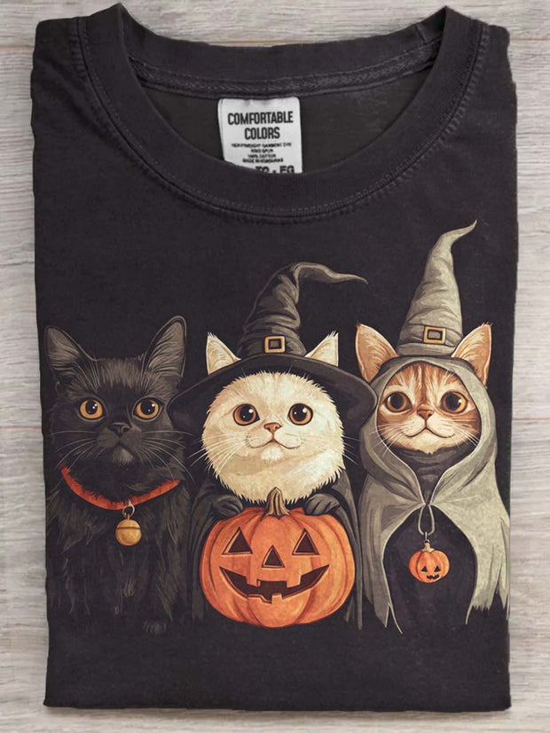 Halloween Wizard Cat Print Casual Short Sleeve T-Shirt