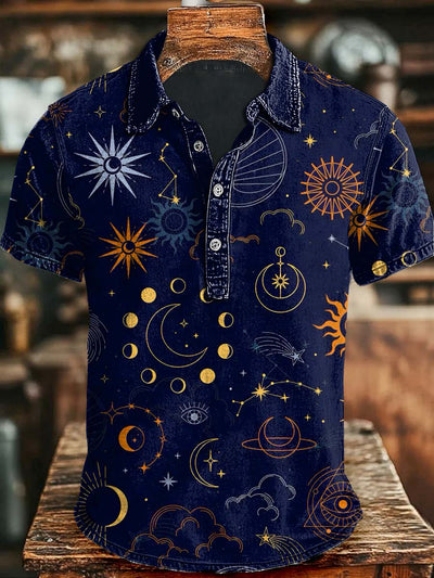 Galaxy Stars and Moon Print Casual Short Sleeve Polo Shirt