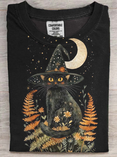 Halloween Wizard Cat Print Casual Short Sleeve T-Shirt