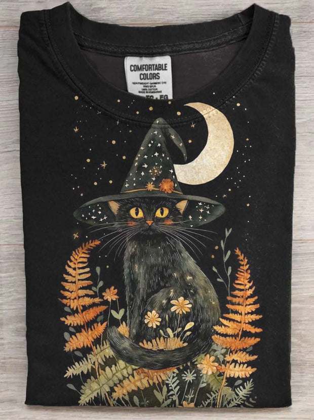 Halloween Wizard Cat Print Casual Short Sleeve T-Shirt