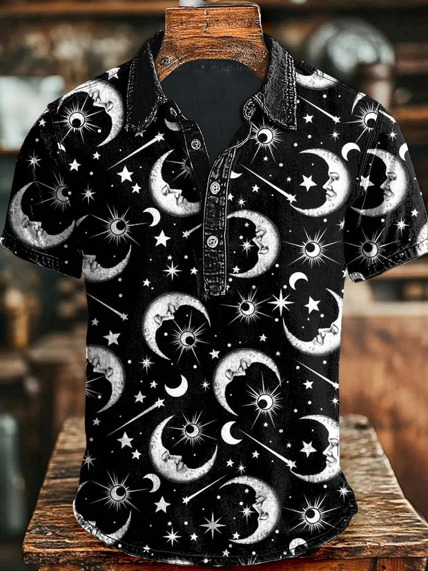 Stars and Moon Printed Casual Short Sleeve Polo Shirt