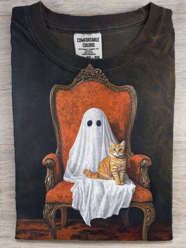Halloween Cute Spooky Cat Print Casual Short Sleeve T-Shirt