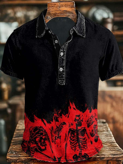 Halloween Gradient Skull Print Casual Short Sleeve Polo Shirt