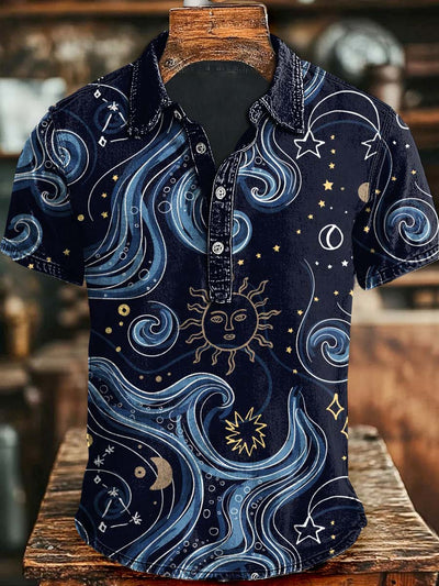 Abstract Sun Wave Print Casual Short Sleeve Polo Shirt
