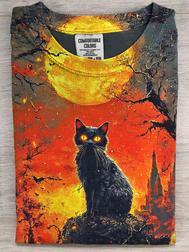 Halloween Black Cat Print Casual Short Sleeve T-Shirt