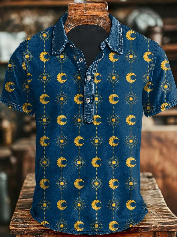 Star Moon Print Casual Short Sleeve Polo Shirt