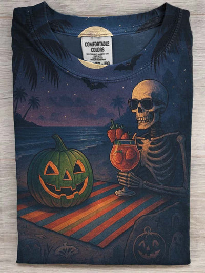 Halloween Beach Vacation Skull Print Casual Short Sleeve T-Shirt
