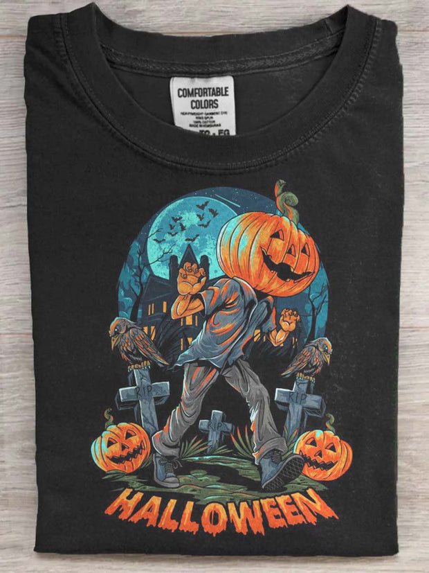 Halloween Pumpkin Raven Print Casual Short Sleeve T-Shirt