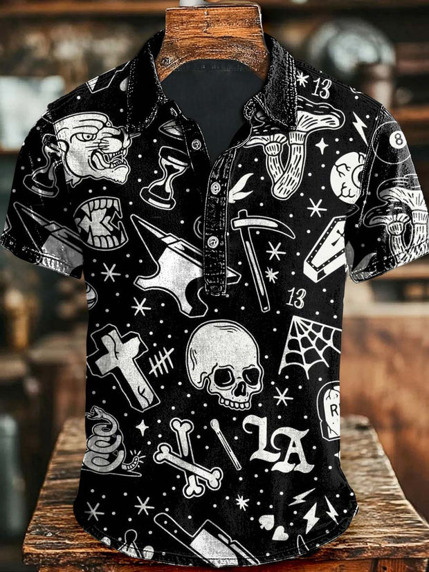 Abstract Skull Print Casual Short Polo Shirt