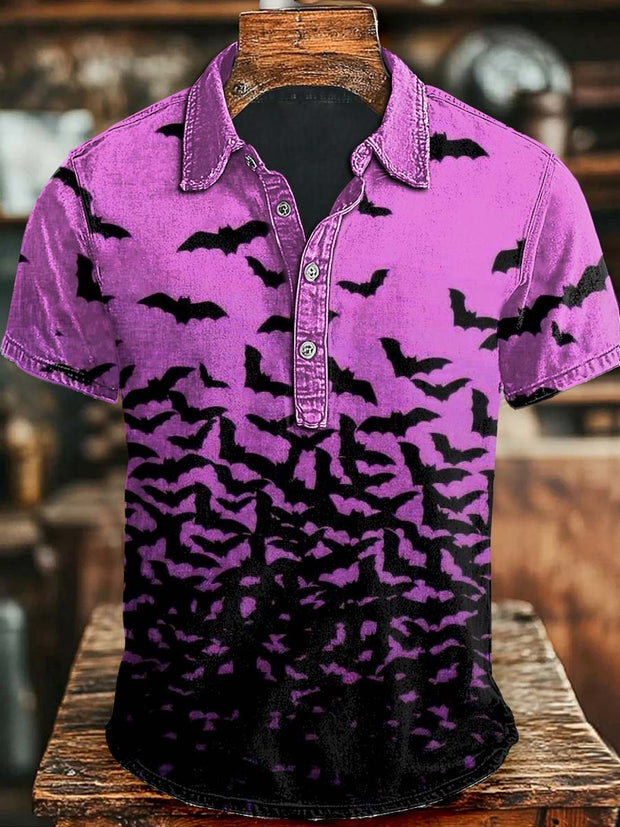 Abstract Gradient Bat Print Casual Short Polo Shirt