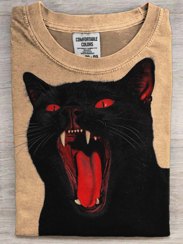 Halloween Black Cat Print Casual Short Sleeve T-Shirt