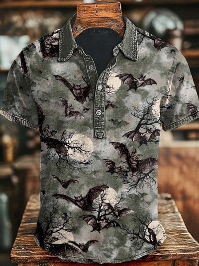 Halloween Bat Print Casual Short Polo Shirt