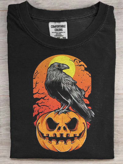 Halloween Pumpkin Raven Print Casual Short Sleeve T-Shirt