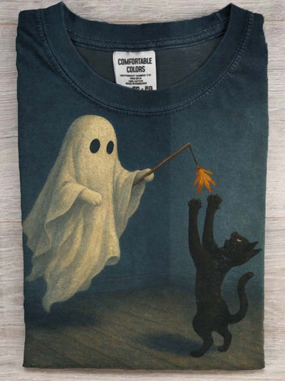 Halloween Ghost Tease Cat Print Casual Short Sleeve T-Shirt