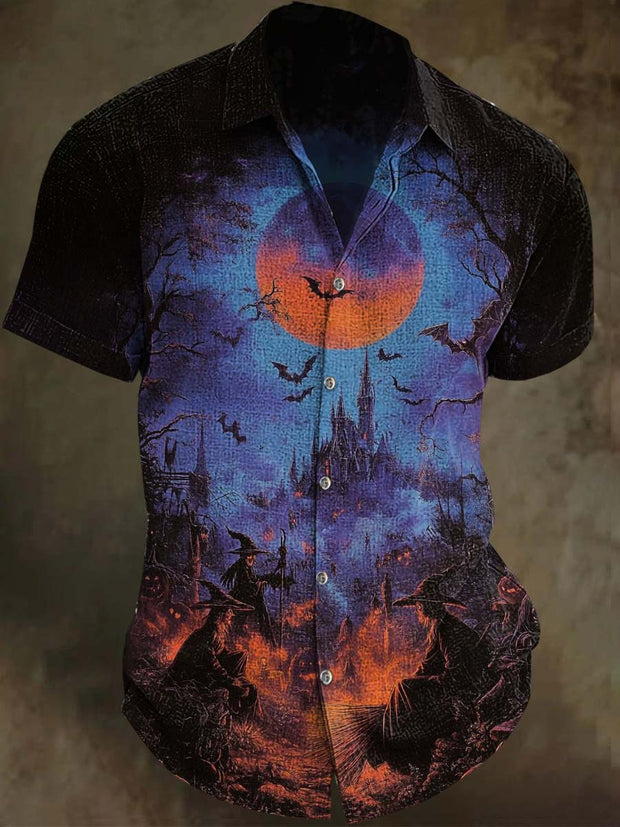 Halloween Witch Castle Print Casual Short Sleeve Shirt