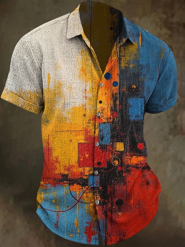 Abstract Gradient Oil Painting Print Casual Short Sleeve Shirt