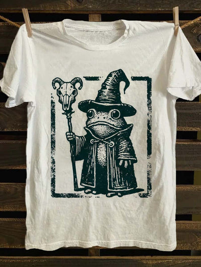 Halloween Frog Wizard Print Casual Short Sleeve T-Shirt