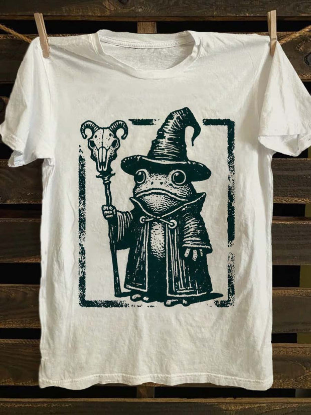 Halloween Frog Wizard Print Casual Short Sleeve T-Shirt