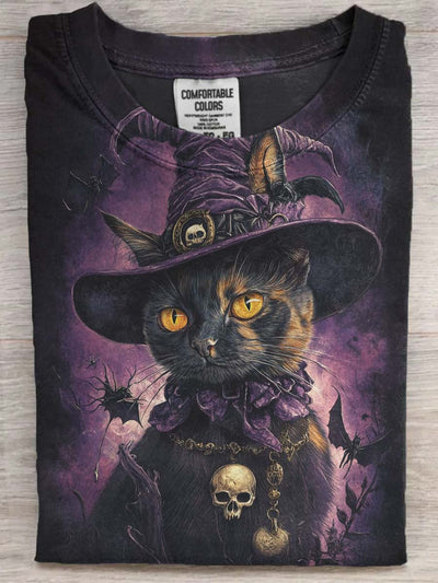 Halloween Wizard Cat Print Casual Short Sleeve T-Shirt