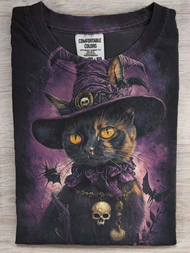 Halloween Wizard Cat Print Casual Short Sleeve T-Shirt