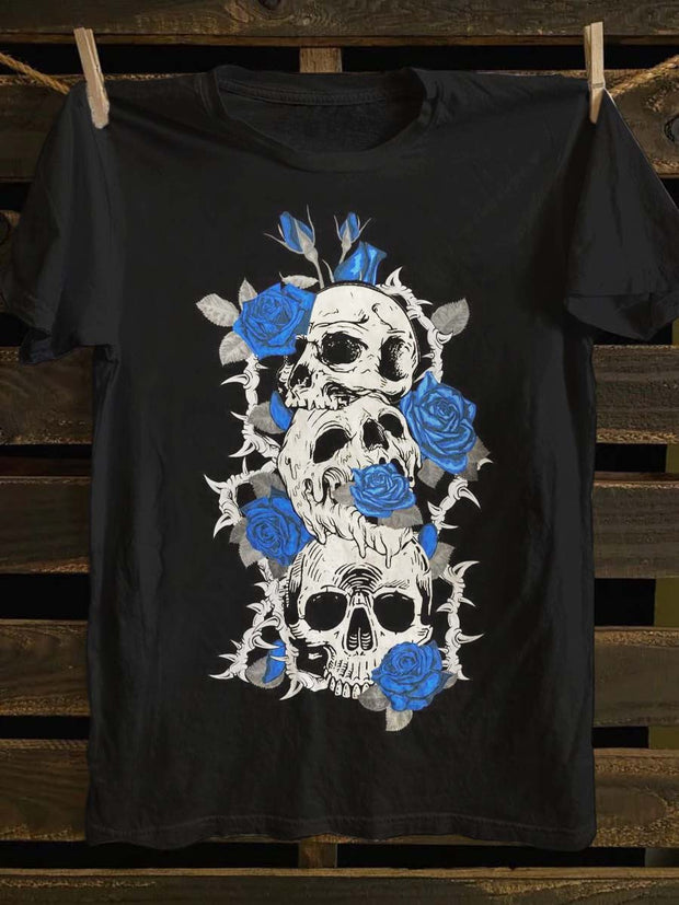 Halloween Rose Skull Print Casual Short Sleeve T-Shirt