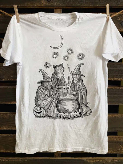 Halloween Wizard Cat Print Casual Short Sleeve T-Shirt