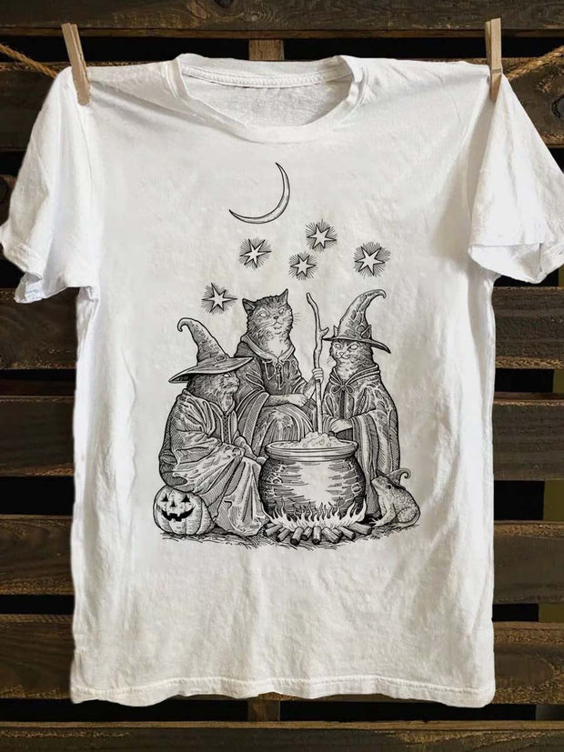 Halloween Wizard Cat Print Casual Short Sleeve T-Shirt