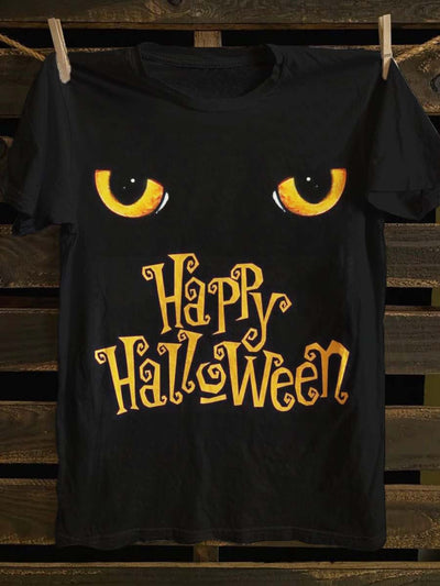 Halloween Cat Eye Print Casual Short Sleeve T-Shirt