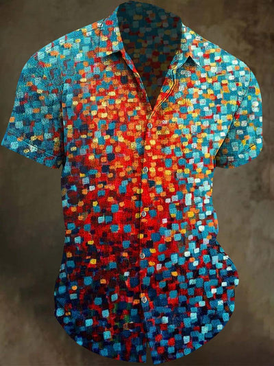 Abstract Gradient Oil Color Block Print Casual Short Sleeve Shirt