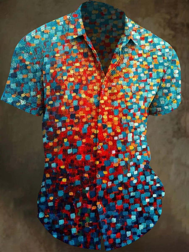 Abstract Gradient Oil Color Block Print Casual Short Sleeve Shirt