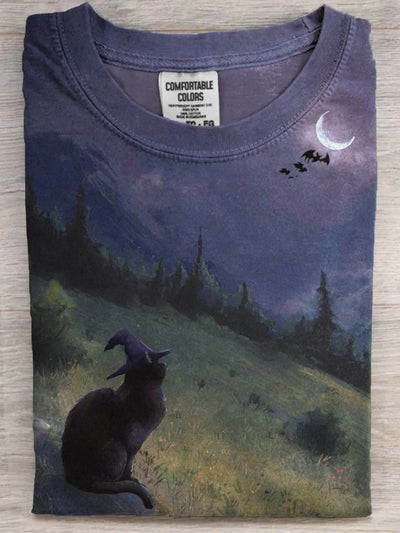 Halloween Cat Wizard Print Casual Short Sleeve T-Shirt