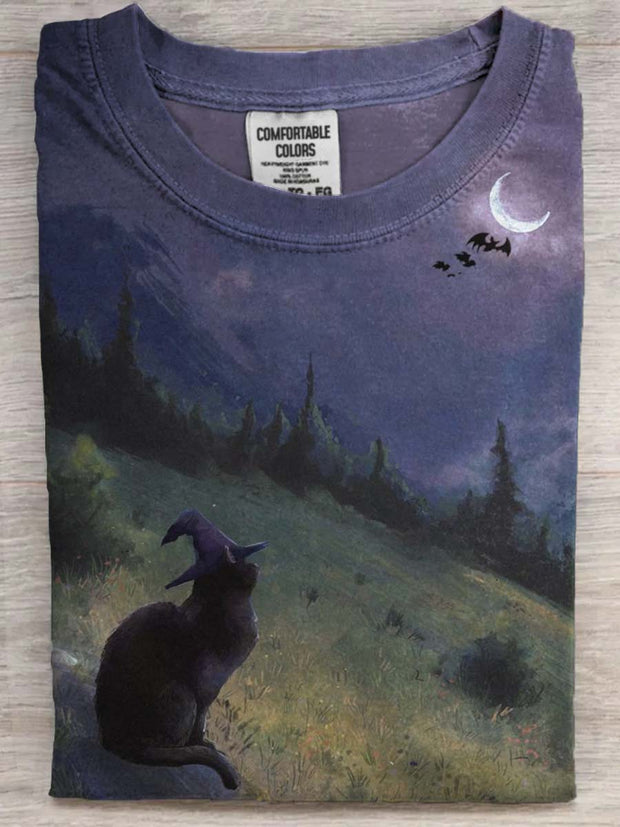 Halloween Cat Wizard Print Casual Short Sleeve T-Shirt