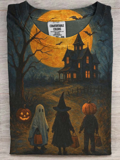 Halloween Castle Print Casual Short Sleeve T-Shirt