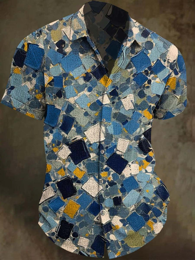 Oil Painting Abstract Art Color Block Print Casual Short Sleeve Shirt