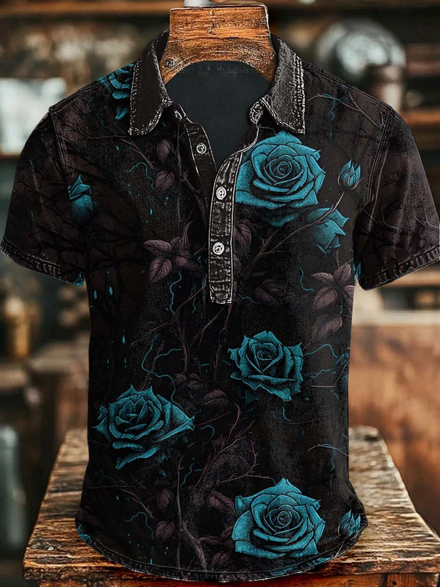 Dark Rose Print Casual Short Sleeve Polo Shirt