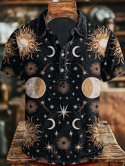 Sun, Moon & Stars Printed Casual Short Sleeve Polo Shirt