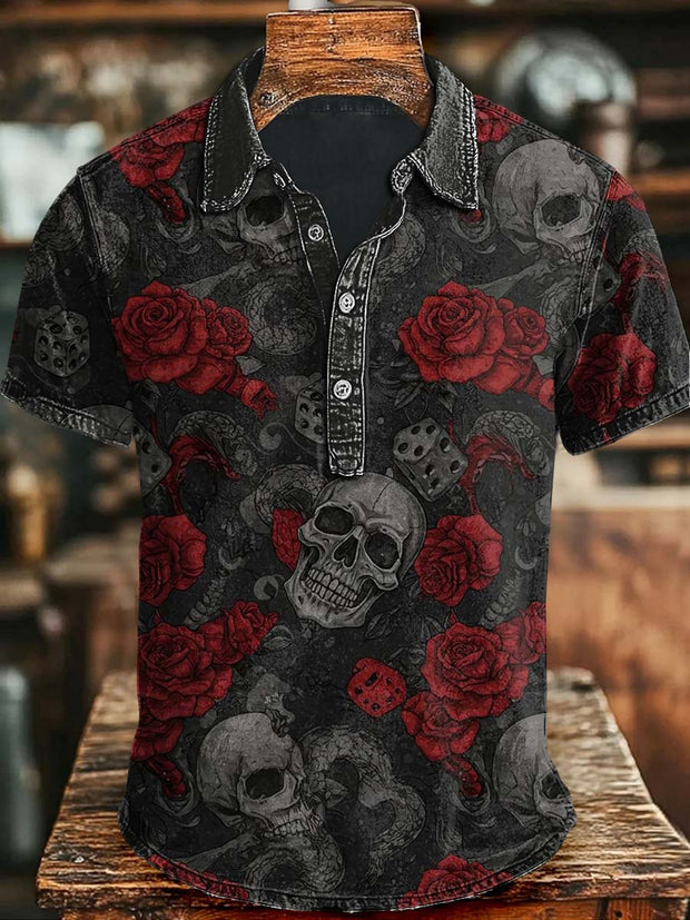 Halloween Skeleton Rose Print Casual Short Sleeve Polo Shirt